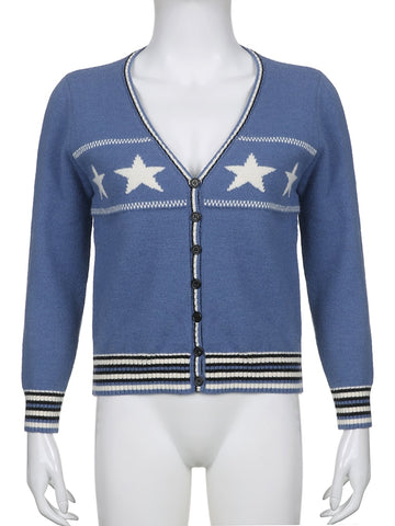 Star Knitted V Neck Single-Breasted Jumpers