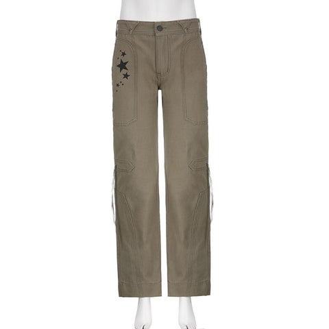 Khaki Vintage Low Waisted Pockets Streetwear Pants