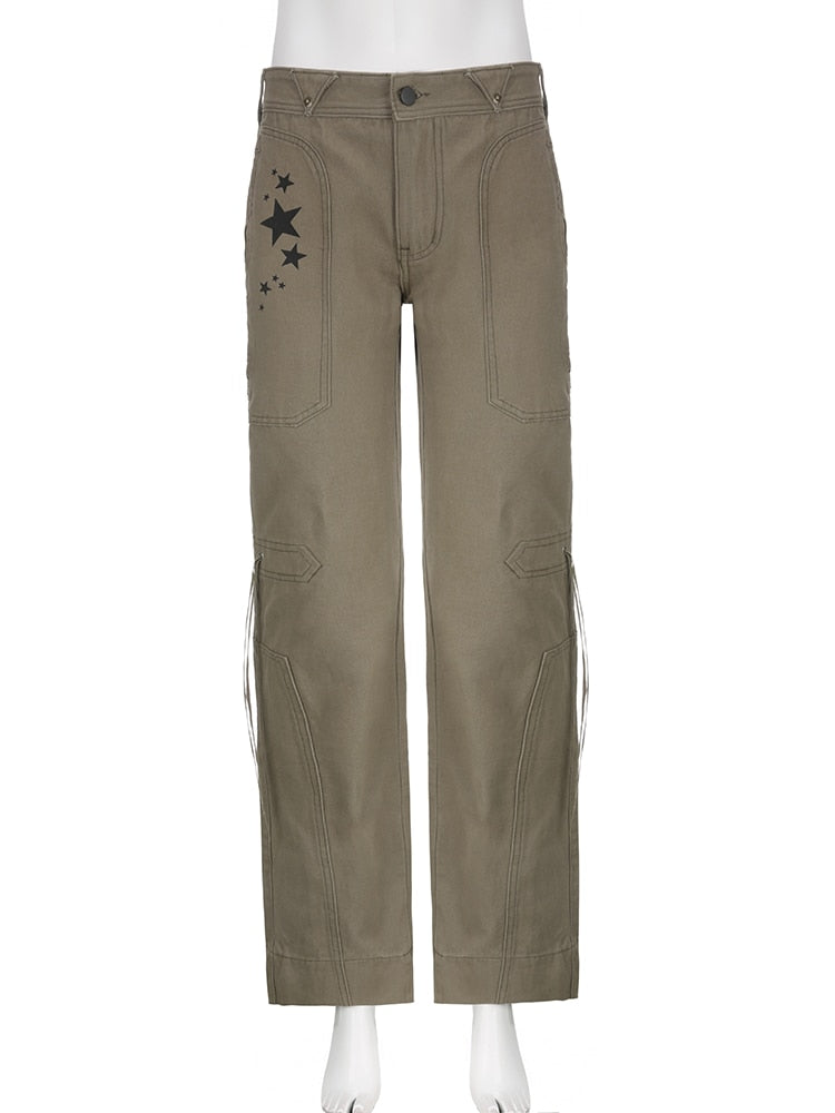 Khaki Vintage Low Waisted Pockets Streetwear Pants