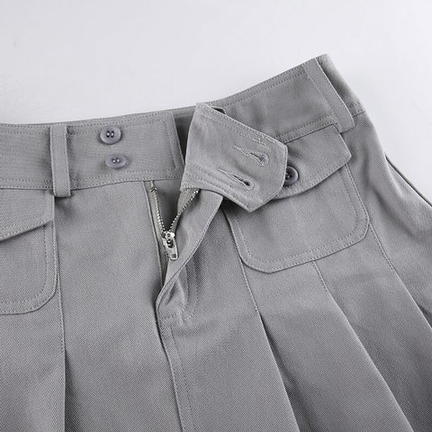 Solid Pleated Retro Pockets Button Mini Skirts