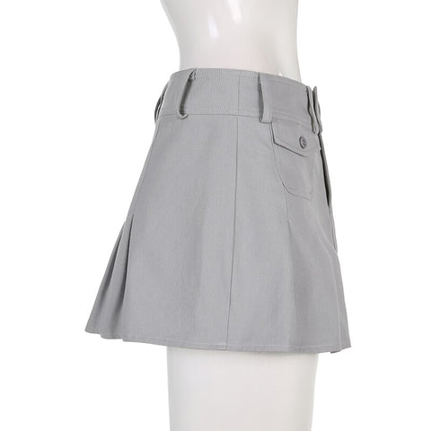 Solid Pleated Retro Pockets Button Mini Skirts