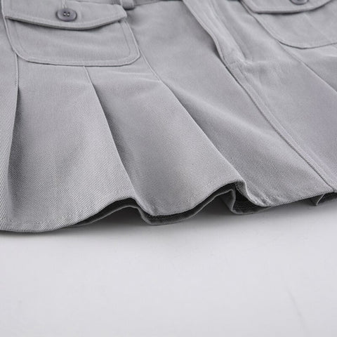 Solid Pleated Retro Pockets Button Mini Skirts