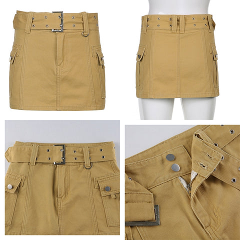 Solid Pockets Retro Denim Short Skirts