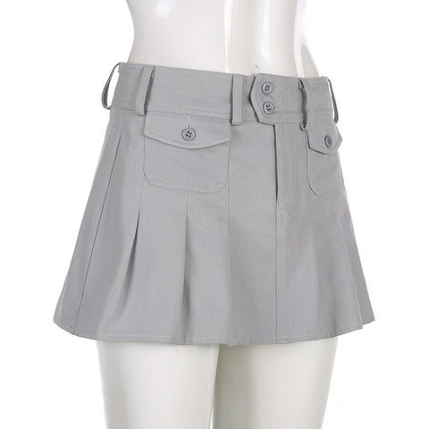 Solid Pleated Retro Pockets Button Mini Skirts