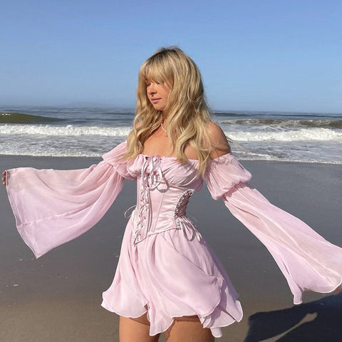Women Chiffon Slash Neck Mini Dress