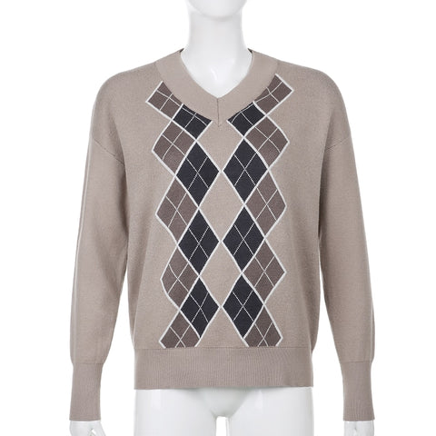 Autumn Casual Preppy Style Vintage V Neck Sweater