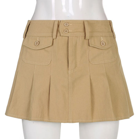 Solid Pleated Retro Pockets Button Mini Skirts