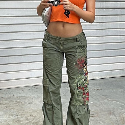 Green Printed Low Waisted Vintage Cargo Pants