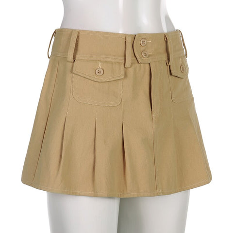 Solid Pleated Retro Pockets Button Mini Skirts