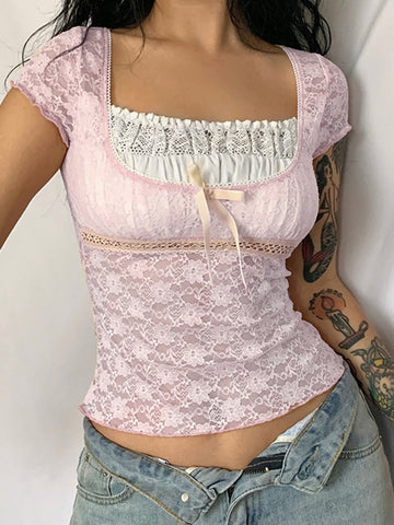 Women Patchwork Frill Aesthetic Pink Cute T-shirts