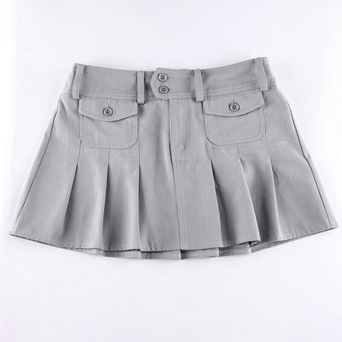 Solid Pleated Retro Pockets Button Mini Skirts