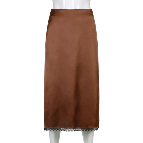Vintage High Waist Satin Midi Skirt