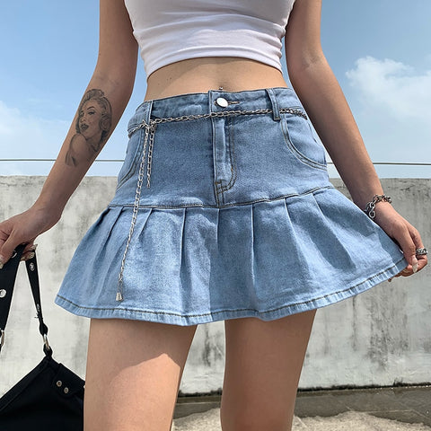 Women Jeans Skirts High Waist Pleated Skirts