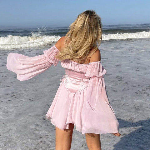 Women Chiffon Slash Neck Mini Dress
