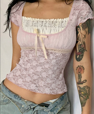 Women Patchwork Frill Aesthetic Pink Cute T-shirts