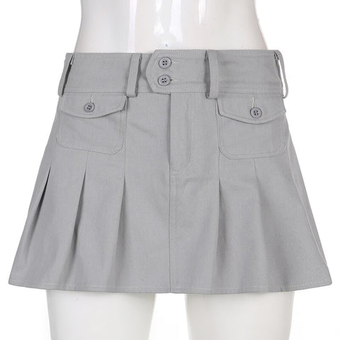 Solid Pleated Retro Pockets Button Mini Skirts