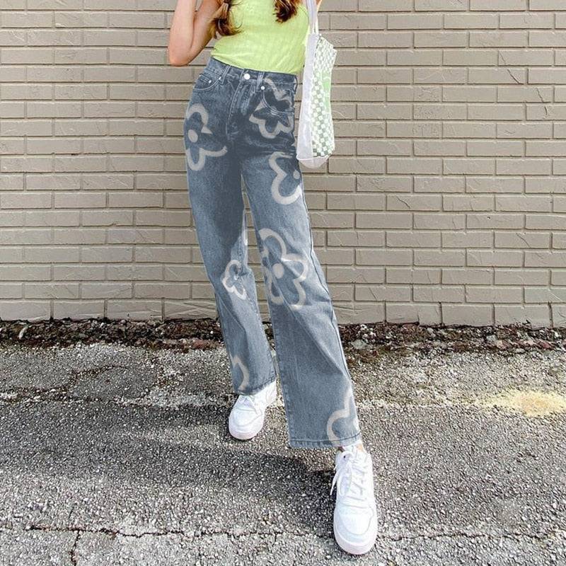 Graffiti Floral Printed Straight Leg Jeans