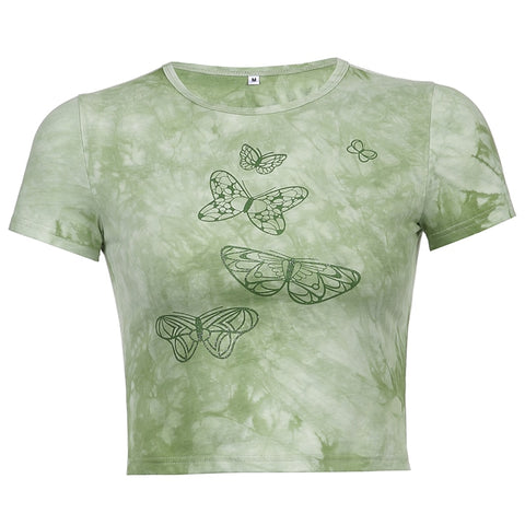Tie Dye Butterfly  Print Casual Green Crop Top