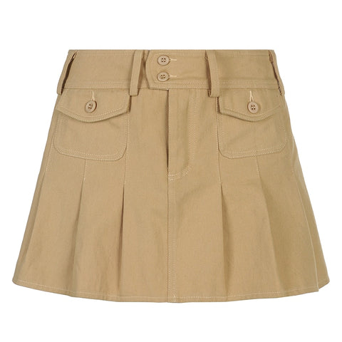 Solid Pleated Retro Pockets Button Mini Skirts