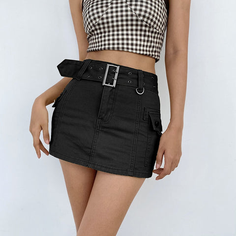 Solid Pockets Retro Denim Short Skirts