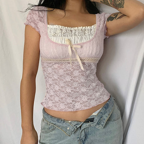 Women Patchwork Frill Aesthetic Pink Cute T-shirts