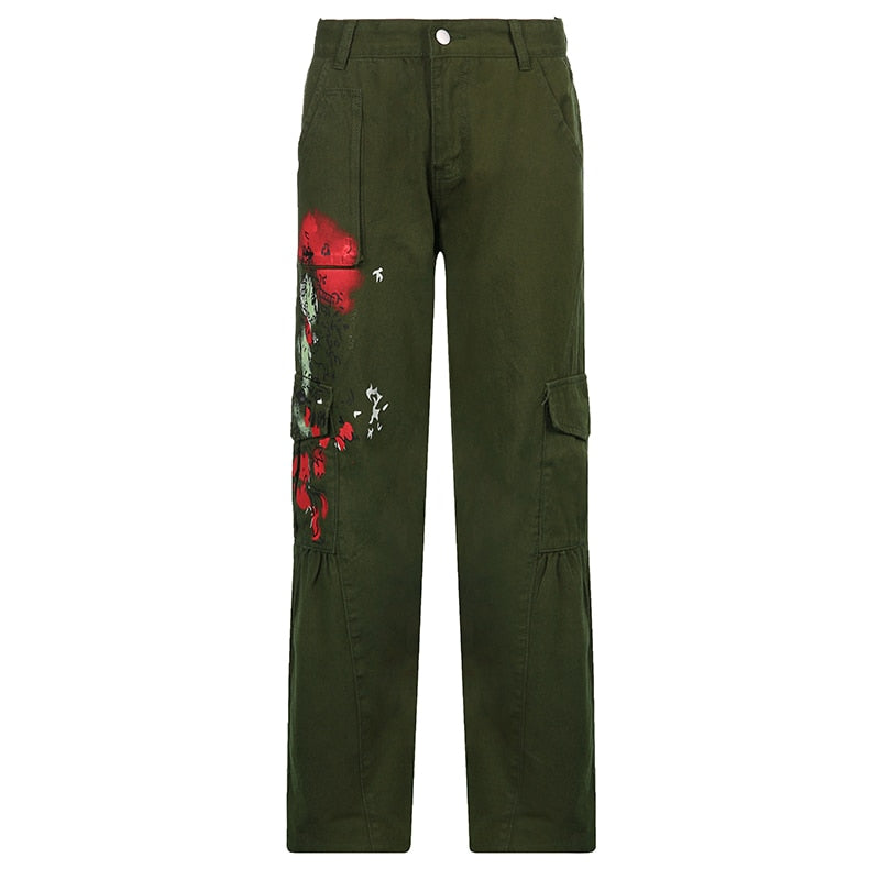 Green Printed Low Waisted Vintage Cargo Pants