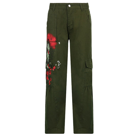 Green Printed Low Waisted Vintage Cargo Pants