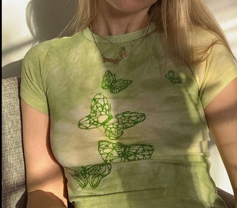 Tie Dye Butterfly  Print Casual Green Crop Top