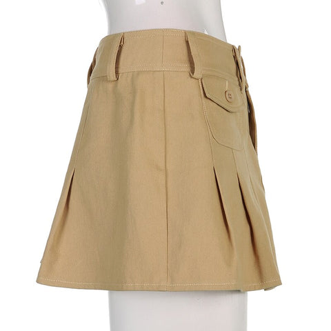 Solid Pleated Retro Pockets Button Mini Skirts