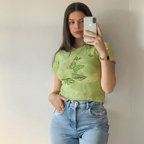 Tie Dye Butterfly  Print Casual Green Crop Top