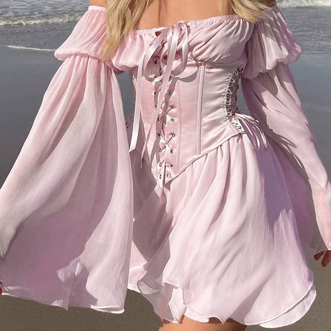 Women Chiffon Slash Neck Mini Dress
