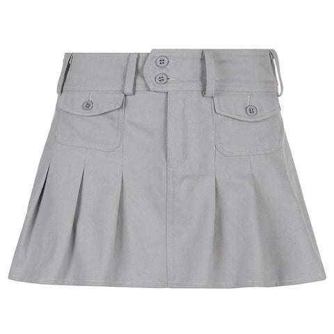 Solid Pleated Retro Pockets Button Mini Skirts