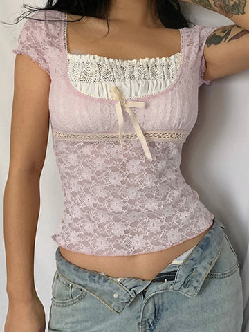 Women Patchwork Frill Aesthetic Pink Cute T-shirts