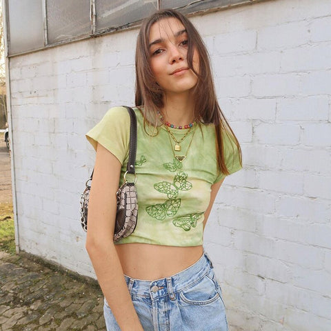 Tie Dye Butterfly  Print Casual Green Crop Top