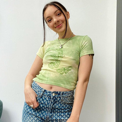 Tie Dye Butterfly  Print Casual Green Crop Top