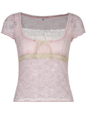 Women Patchwork Frill Aesthetic Pink Cute T-shirts