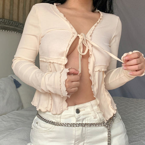 Knitted Crop Top Frill Long Sleeve T Shirt