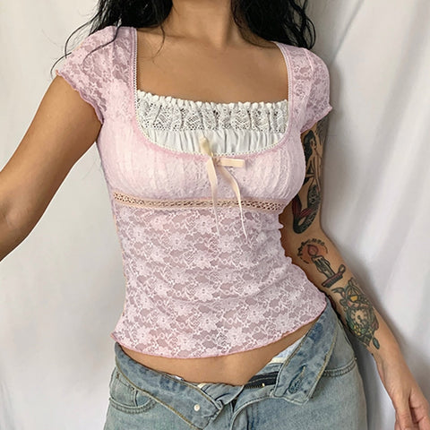 Women Patchwork Frill Aesthetic Pink Cute T-shirts