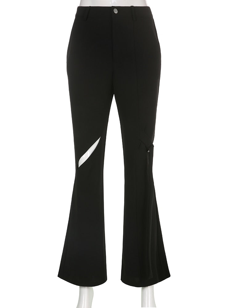 Black Cut Out Flare Pants Low Waisted Knitted Pants