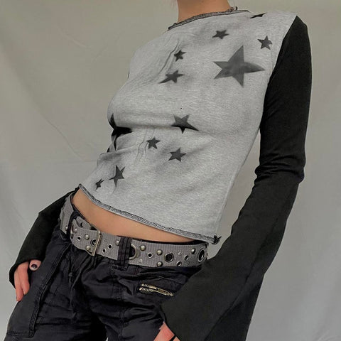 Star Crop Top Grey Patchwork Retro T Shirt
