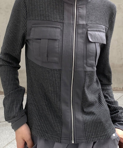Pockets Cargo  Knitted Zipper Turn Down Collar T Shirt