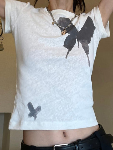 Butterfly Crop Top O Neck Short Sleeve T Shirt