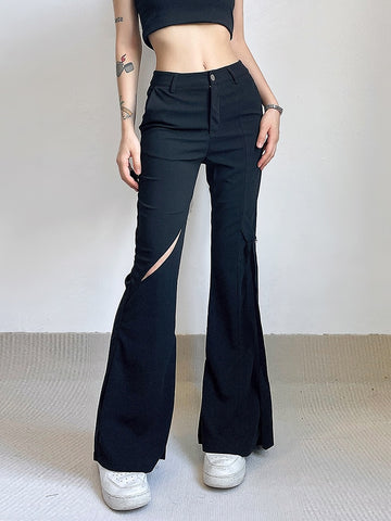 Black Cut Out Flare Pants Low Waisted Knitted Pants