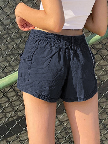 Solid Cargo Elastic Band Low Waisted Shorts