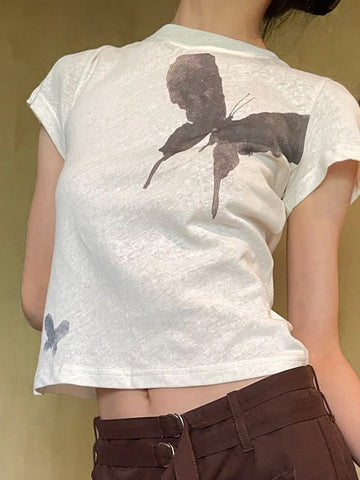 Butterfly Crop Top O Neck Short Sleeve T Shirt