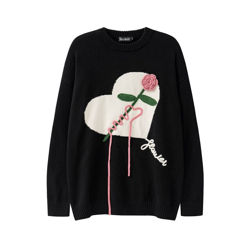 Floral Ghost Heart Knitted Embridery Sweater