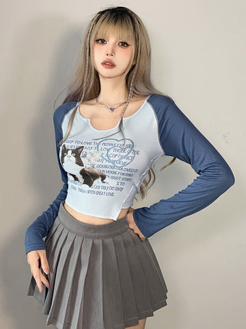 Cute Cat Printing Patchwork Knitted Cropped Top