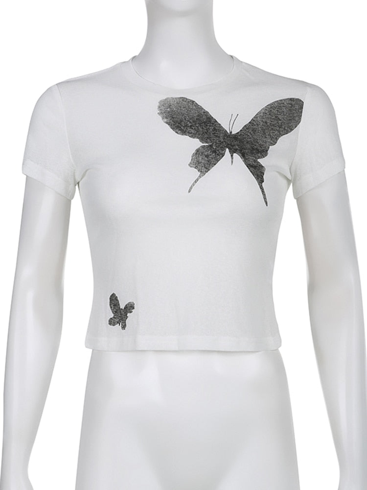 Butterfly Crop Top O Neck Short Sleeve T Shirt