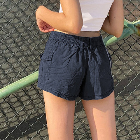 Solid Cargo Elastic Band Low Waisted Shorts