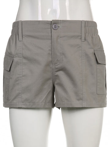 Solid Cargo Elastic Band Low Waisted Shorts